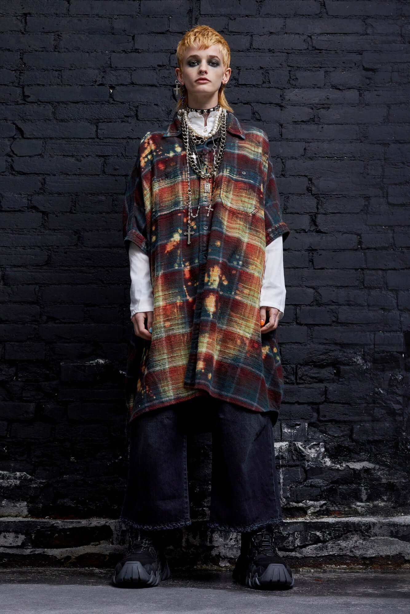 BLEACHED PLAID OVERSIZED BOXY SHIRTDRESS - BLEACH BLUE PLAID
