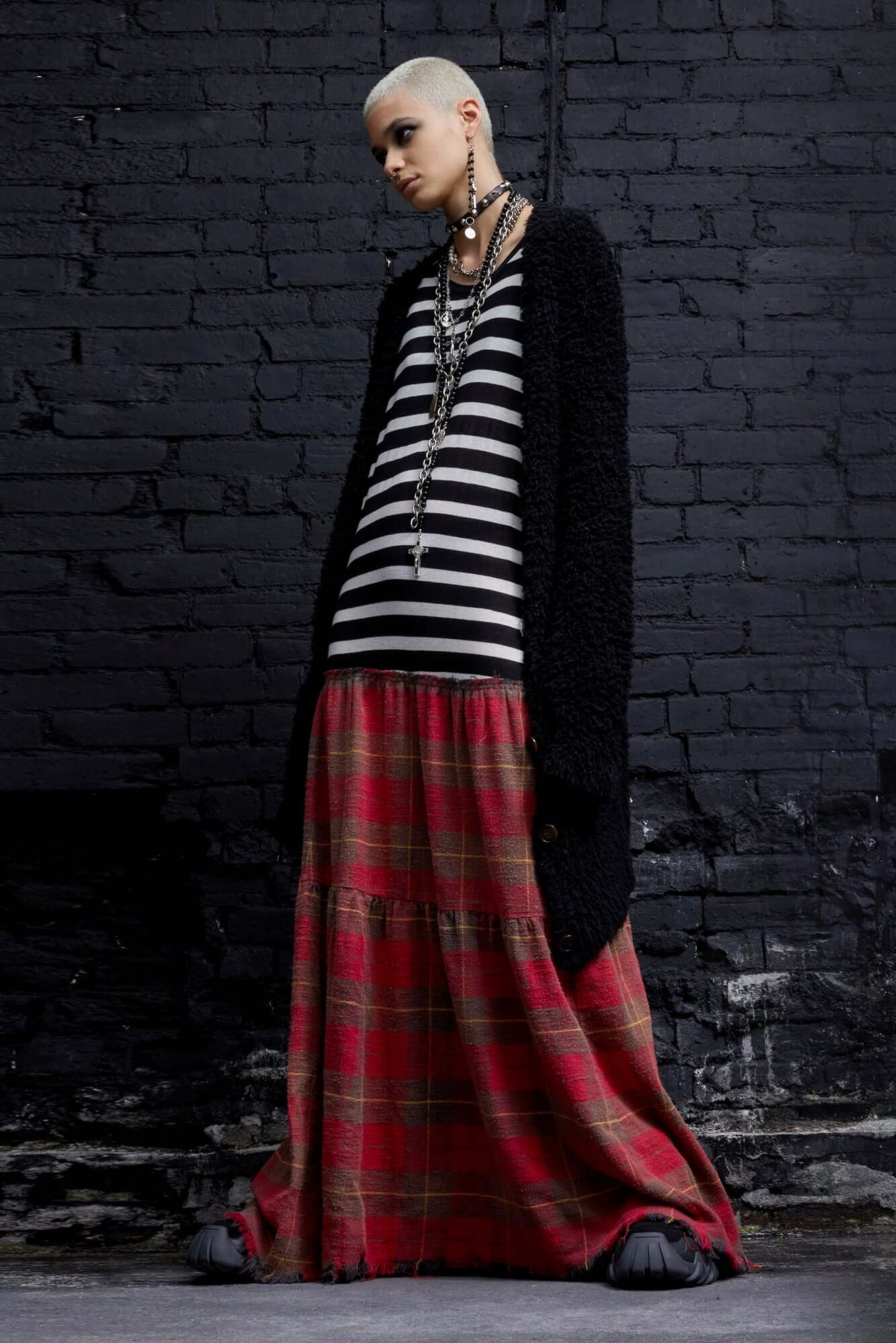 STRIPE COMBO DRESS - B&W STRIPE W/RED PLAID