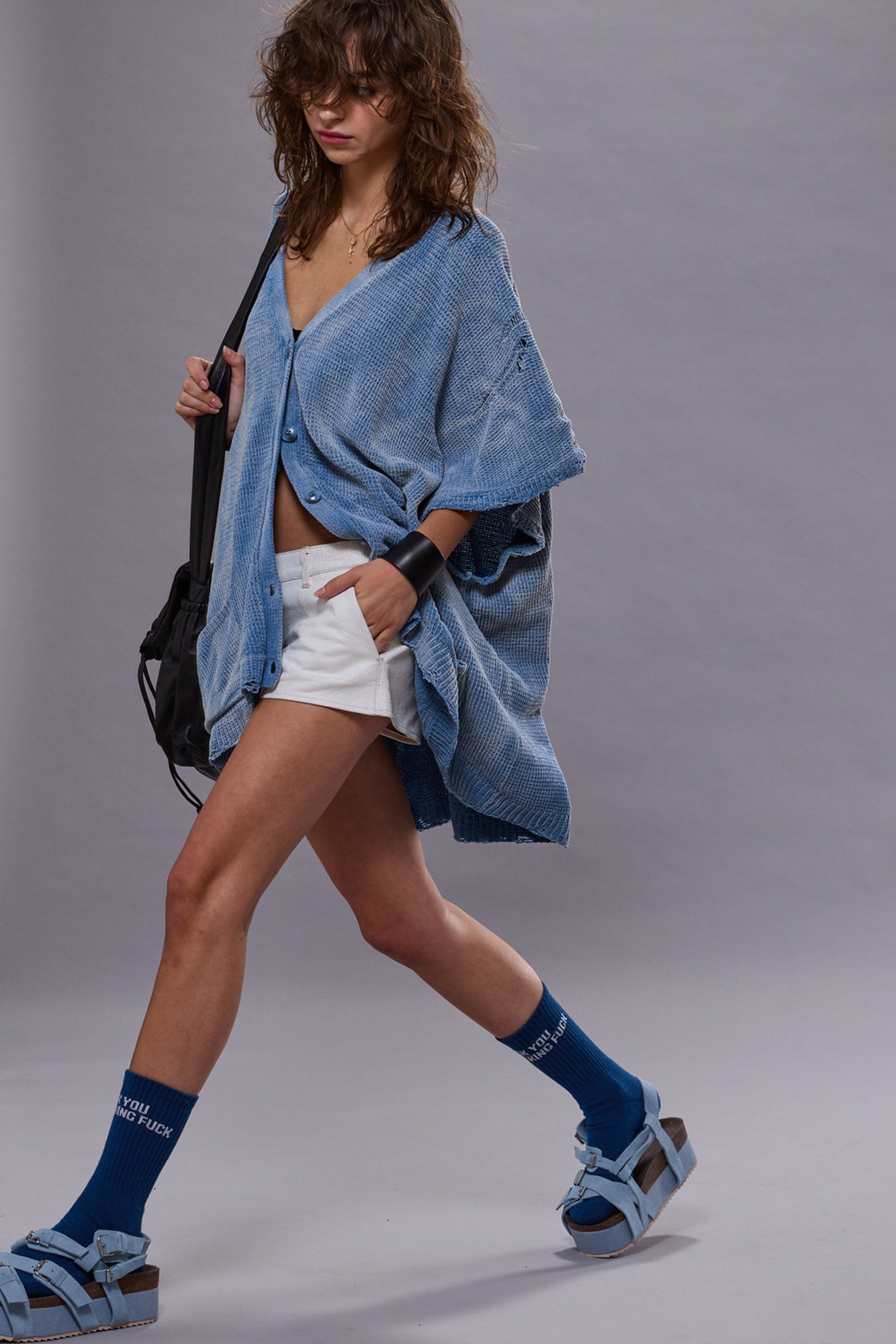 SLEEVELESS BOXY CARDIGAN DRESS - LIGHT BLUE
