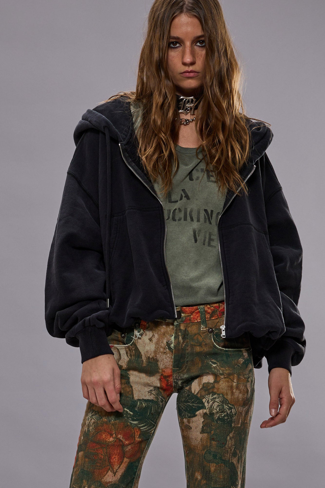 BALLOON ZIP-UP HOODIE - BLACK