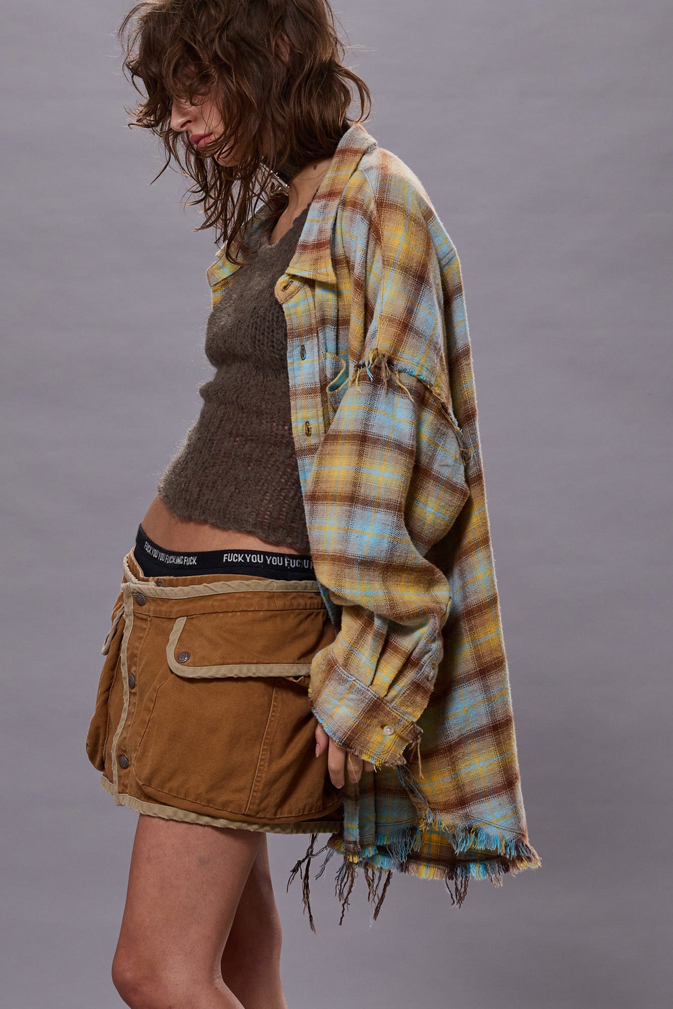 SHREDDED SEAM DROP NECK SHIRT - LIGHT BLUE/YELLOW PLAID