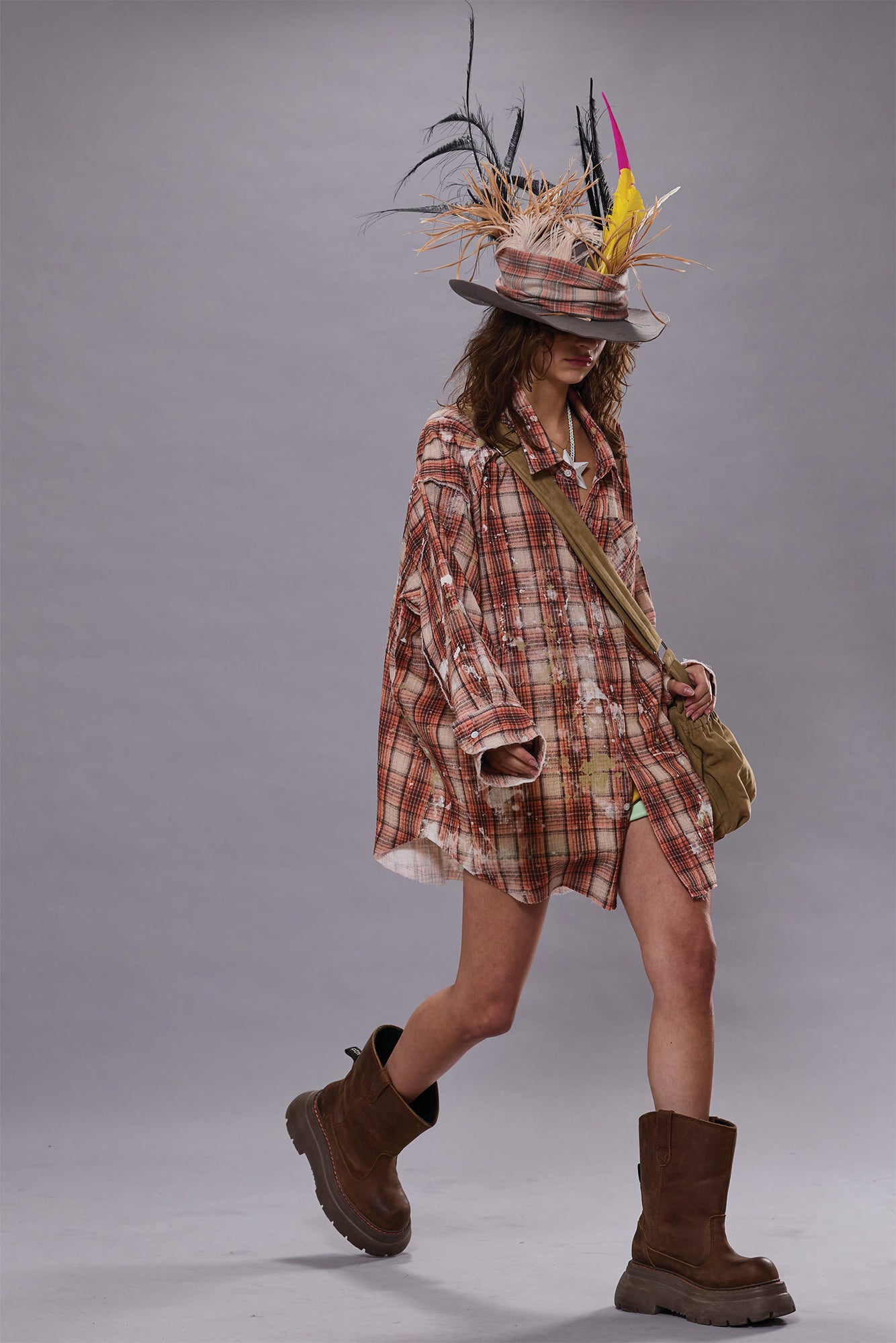 SHREDDED SEAM DROP NECK SHIRT - ORANGE PLAID WITH PAINT SPLATTER