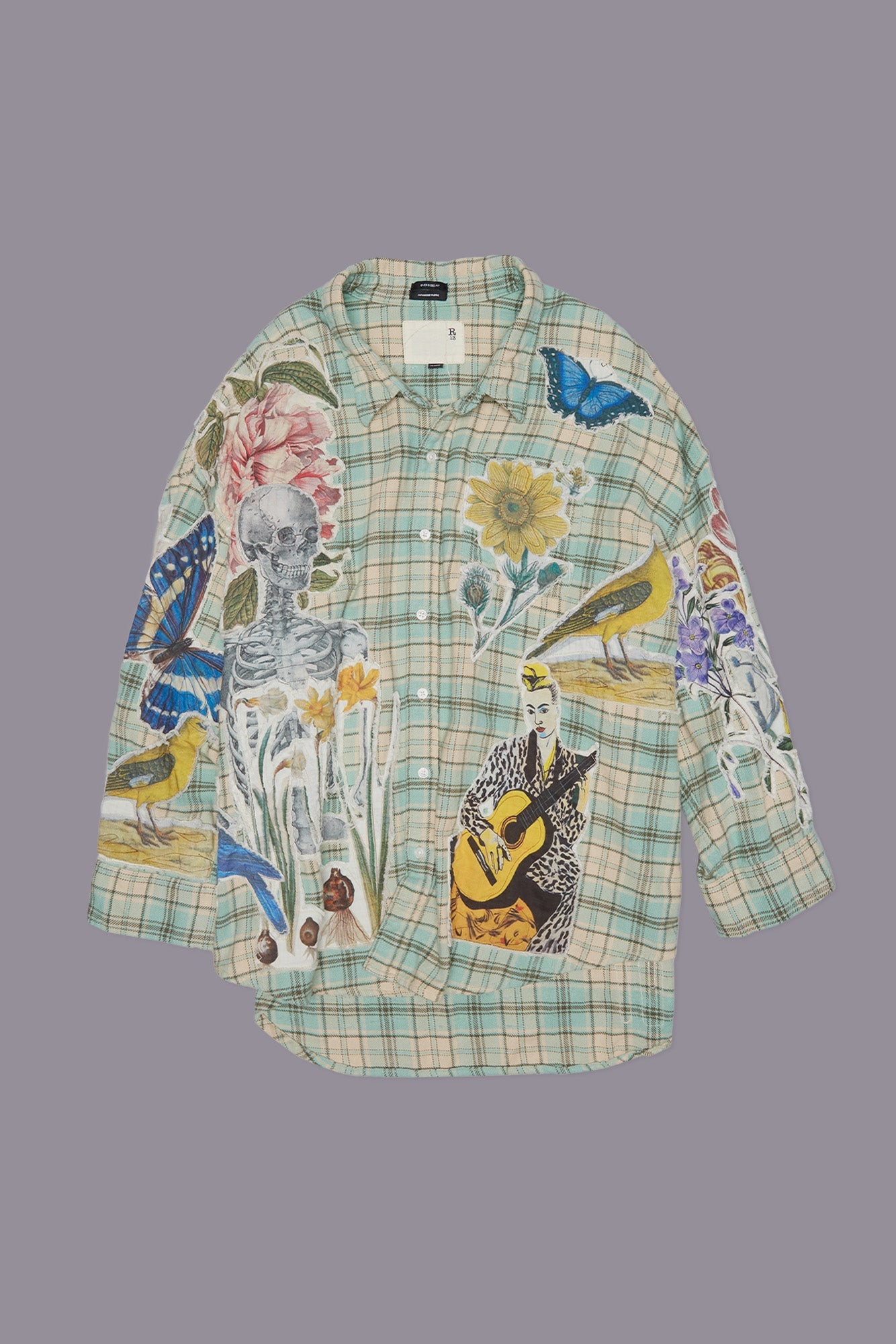 DROP NECK SHIRT - LIGHT GREEN PLAID W/ APPLIQUE