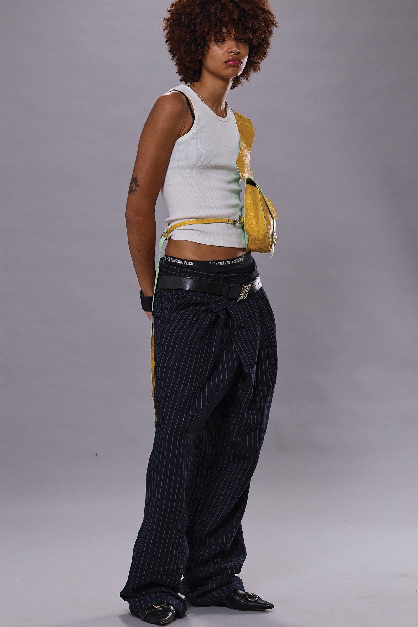 TRIPLE PLEAT CROSSOVER TROUSER - DARK NAVY STRIPE
