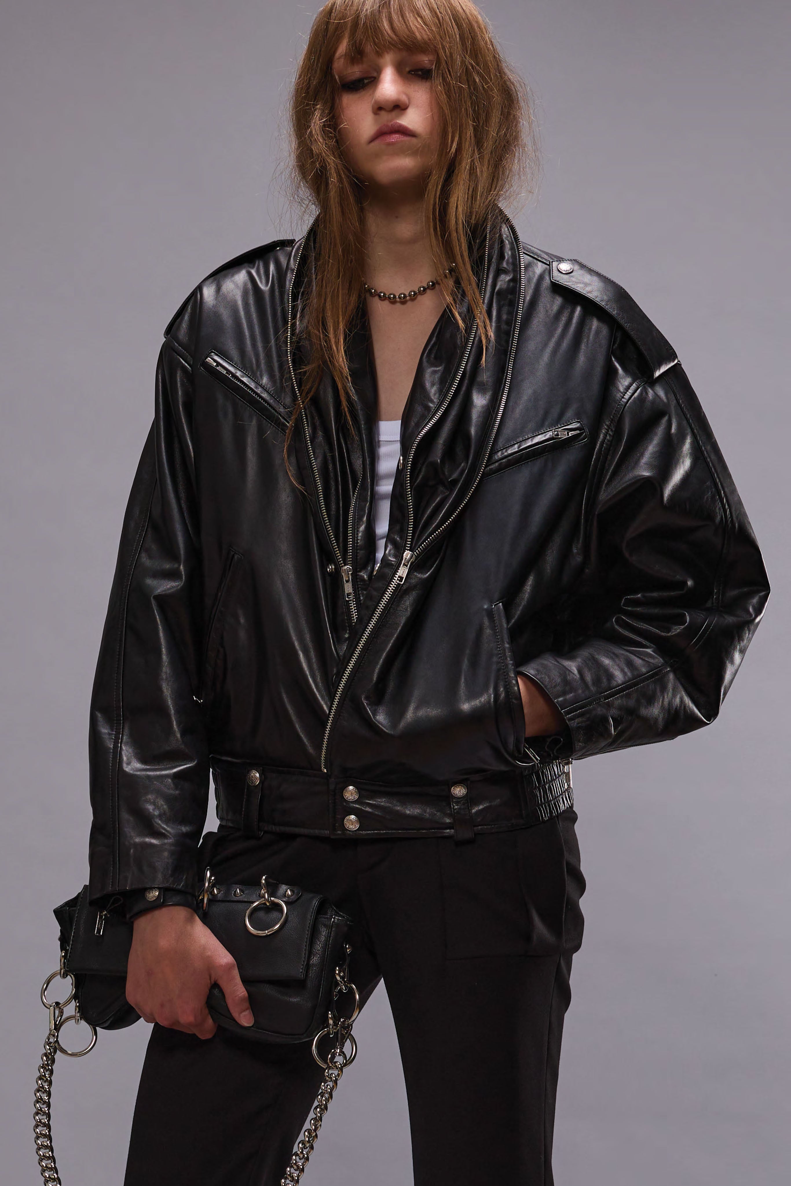 ZIP COLLAR MOTORCYCLE JACKET - BLACK