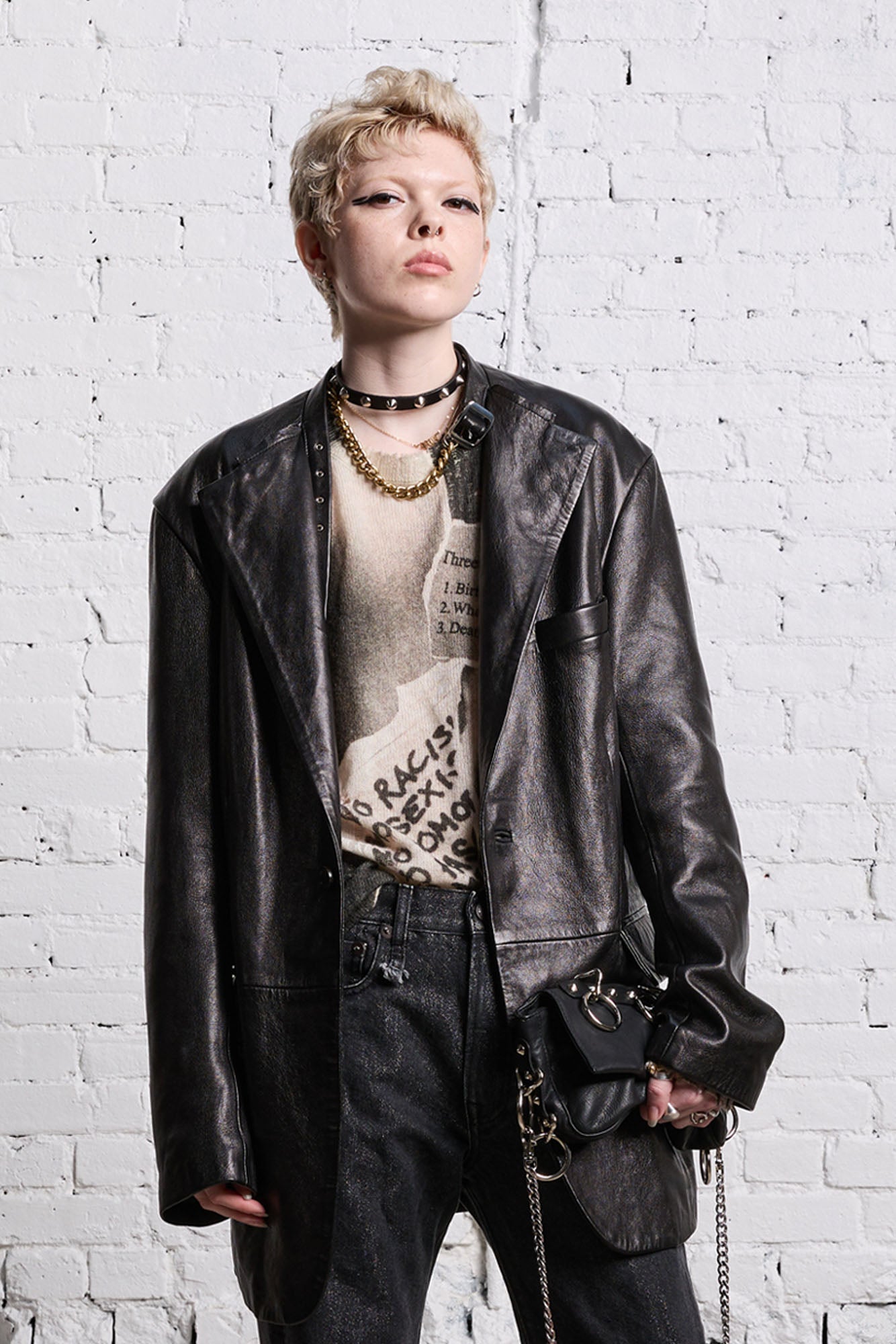 BELT COLLAR LEATHER BLAZER - BLACK