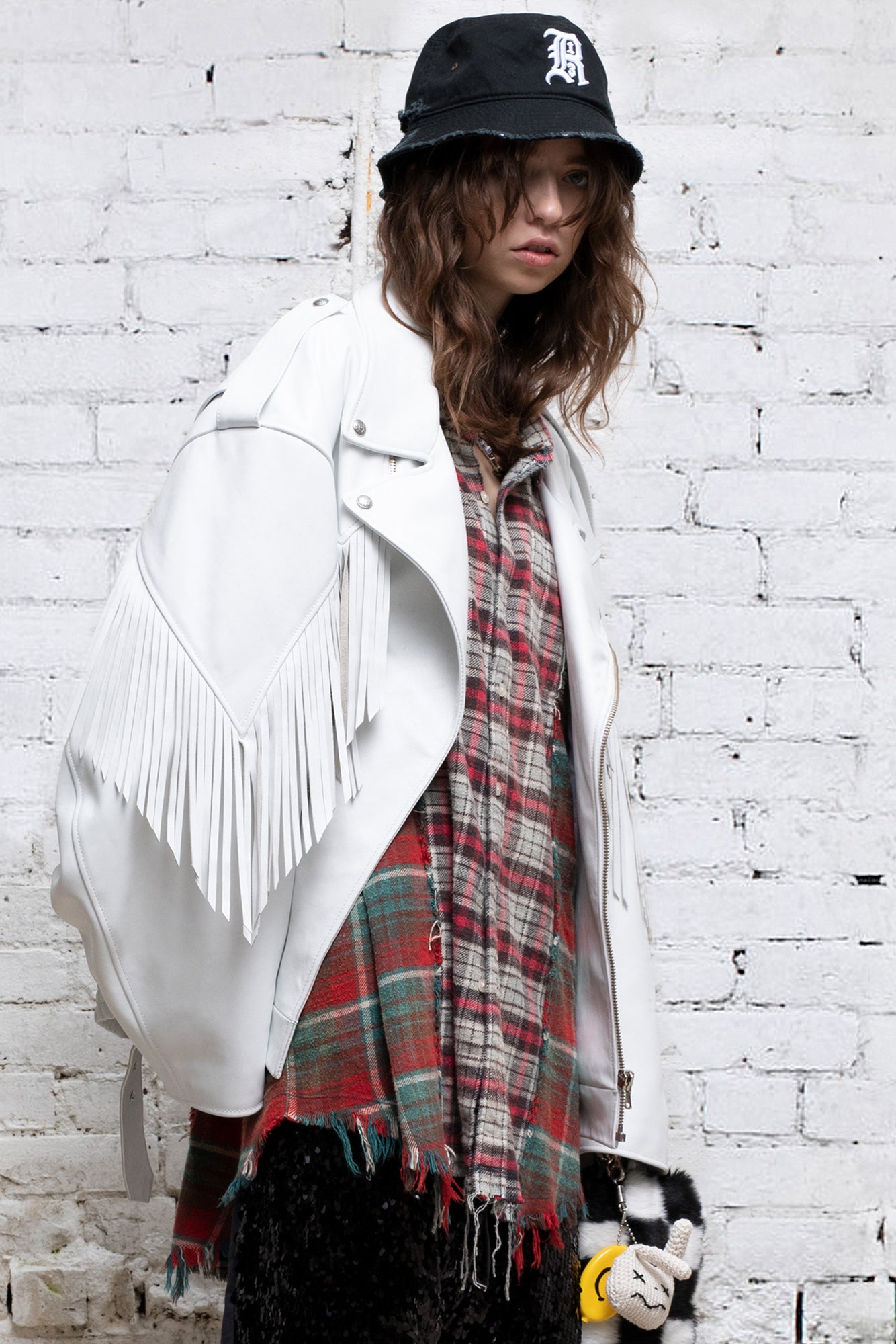 FRINGE OVERSIZED MOTORCYCLE BOMBER - WHITE