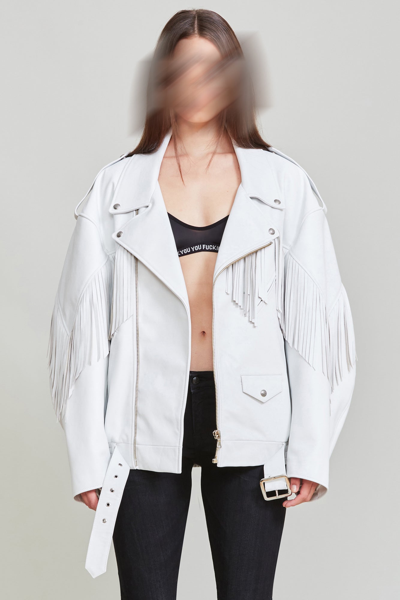 FRINGE OVERSIZED MOTORCYCLE BOMBER - WHITE
