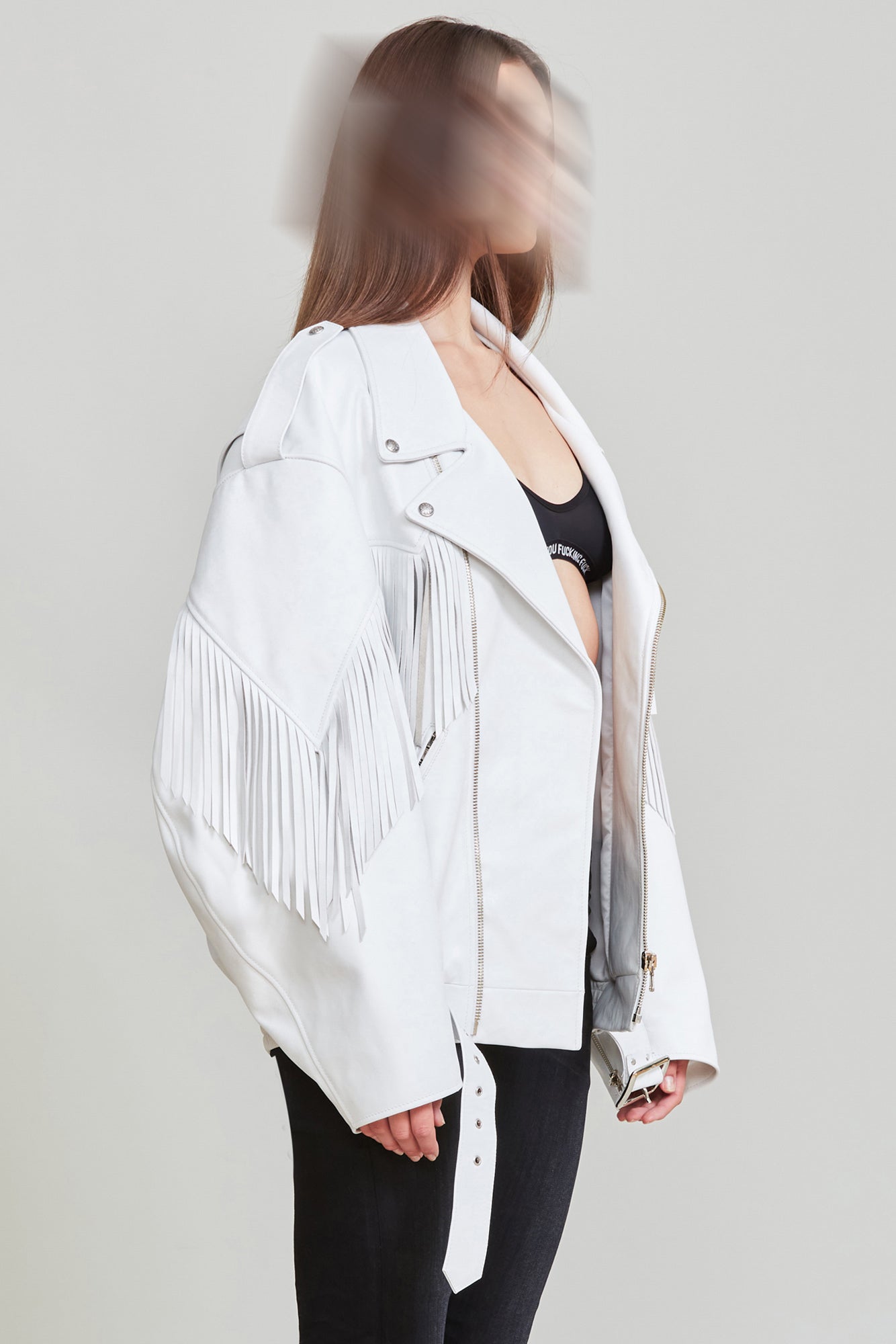 FRINGE OVERSIZED MOTORCYCLE BOMBER - WHITE