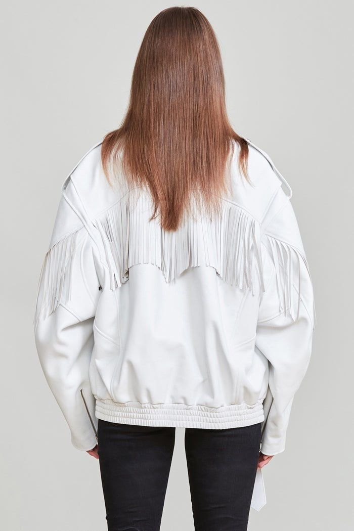 FRINGE OVERSIZED MOTORCYCLE BOMBER - WHITE