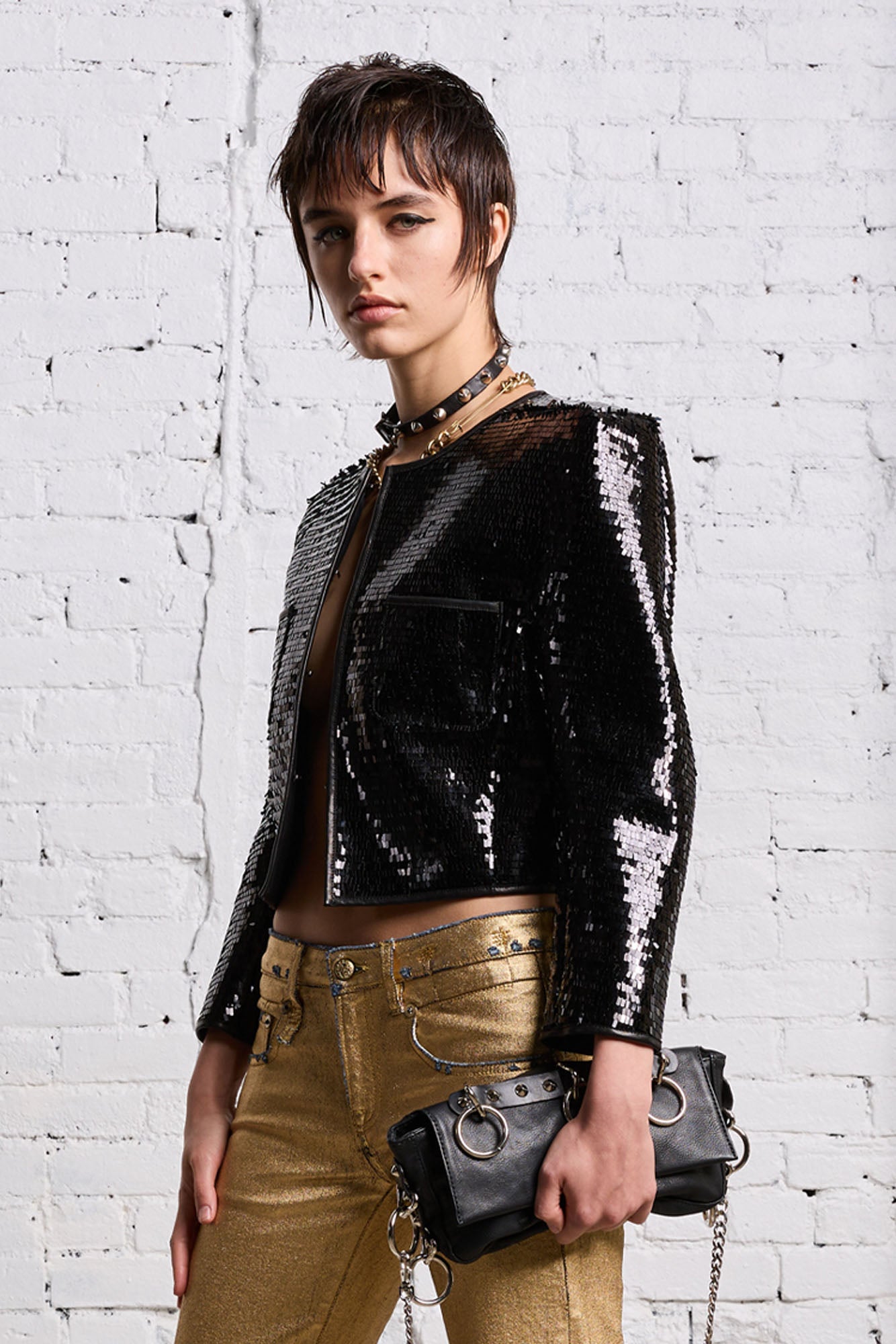 SQUARE SHOULDER SEQUIN JACKET - BLACK