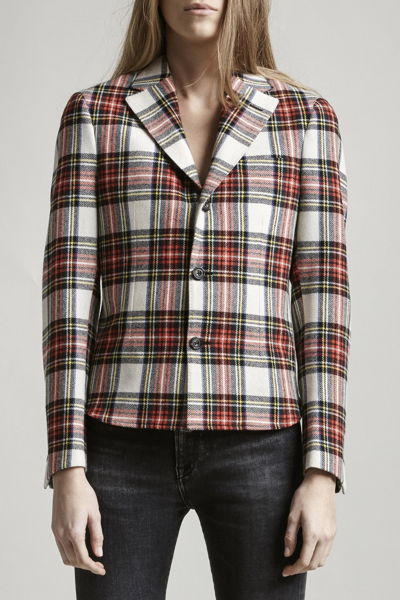 TUCKED BOYFRIEND BLAZER - ECRU TARTAN