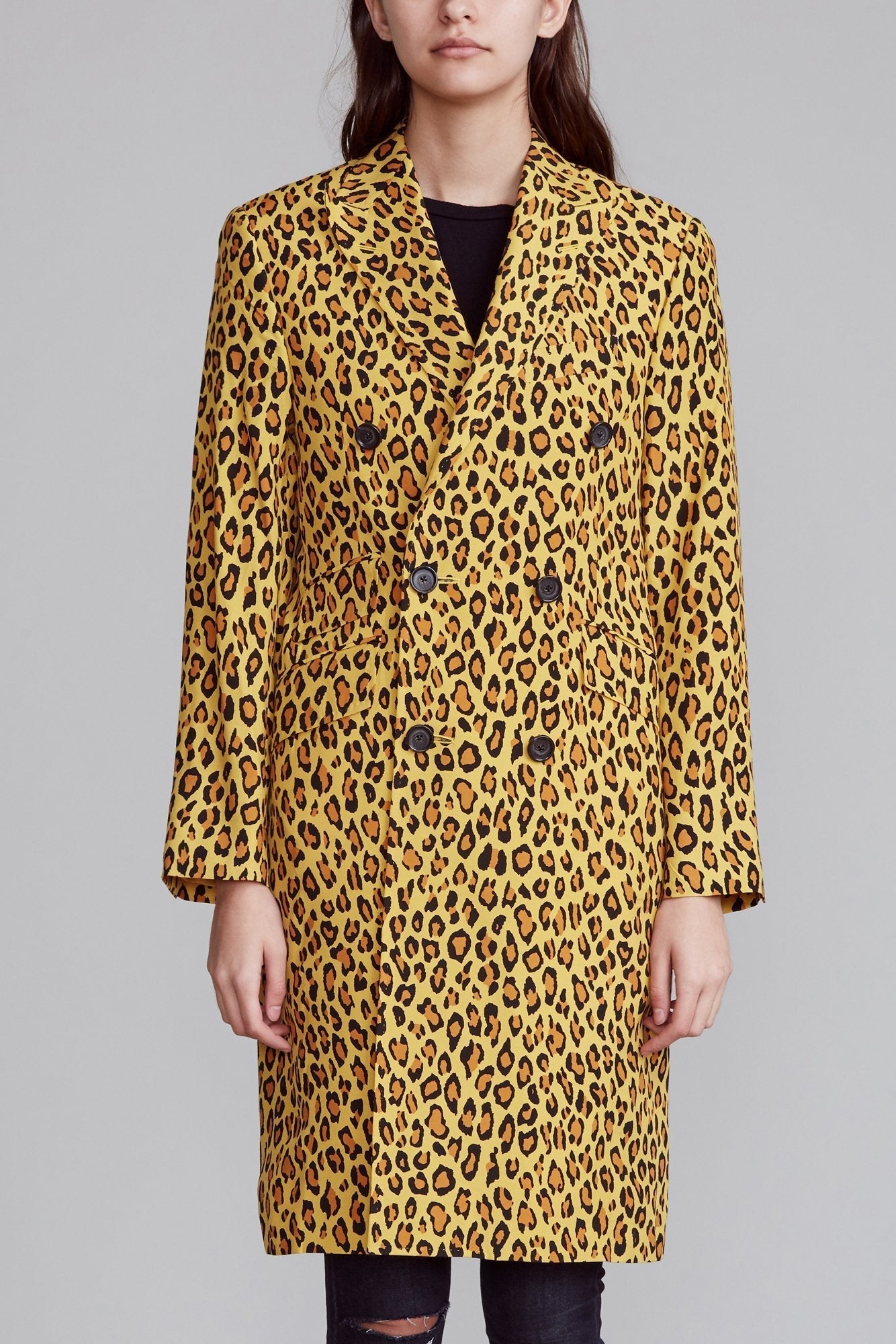 PEAK LAPEL DOUBLE BREASTED COAT - YELLOW LEOPARD