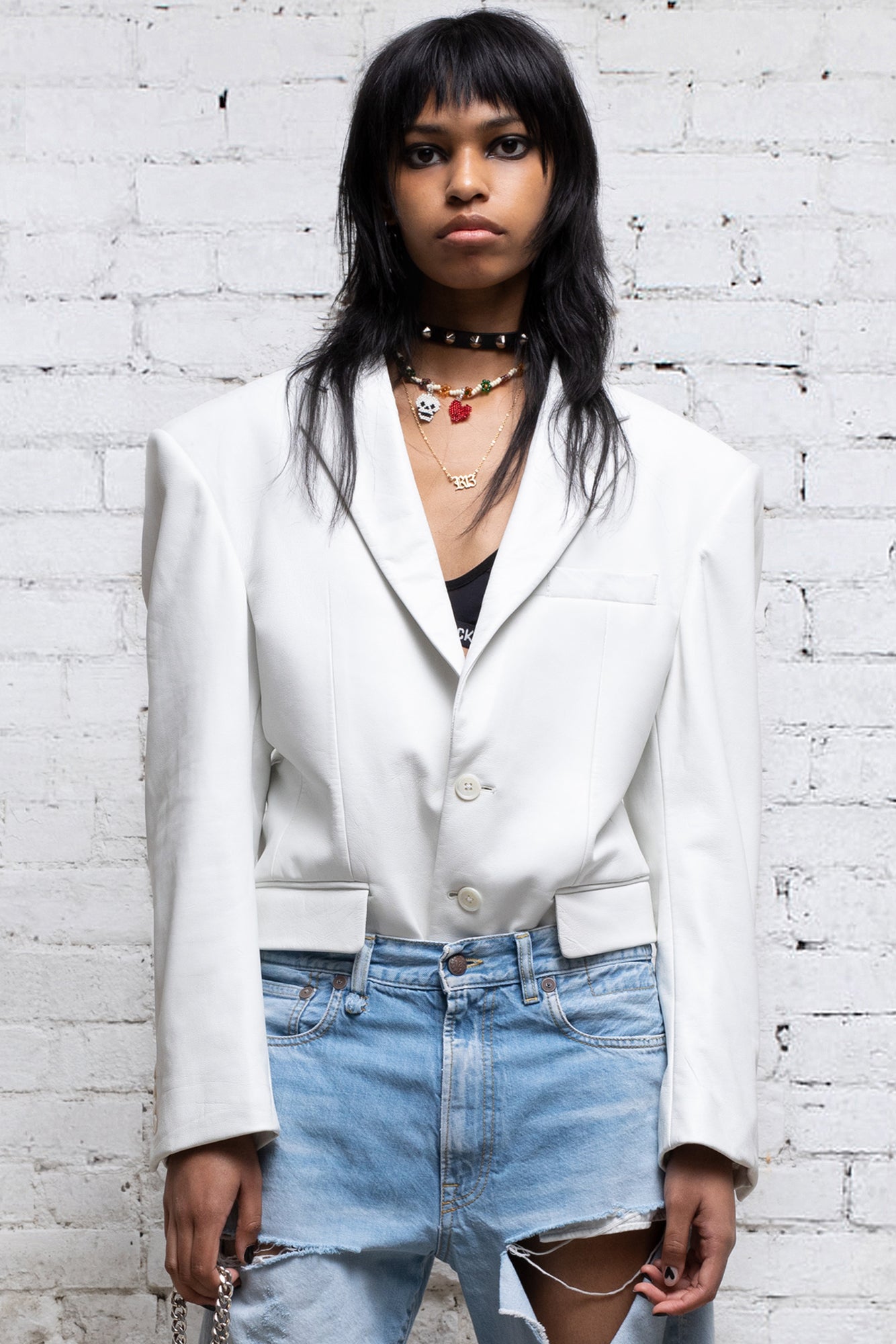 STRONG SHOULDER NOTCH LAPEL LEATHER BLAZER - WHITE