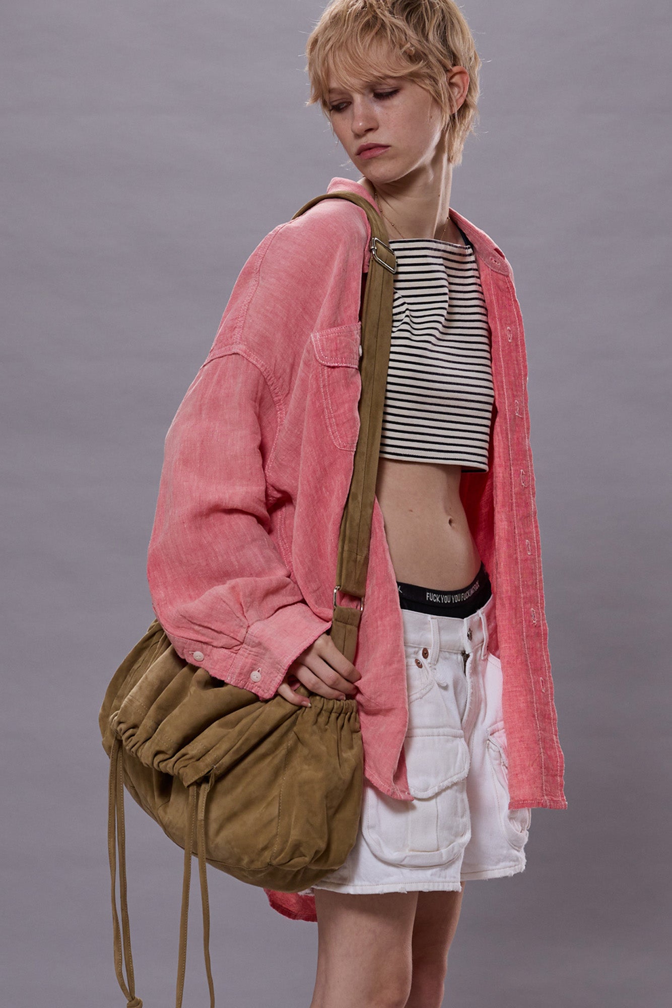 DROP NECK WORK SHIRT - CORAL LINEN CHAMBRAY