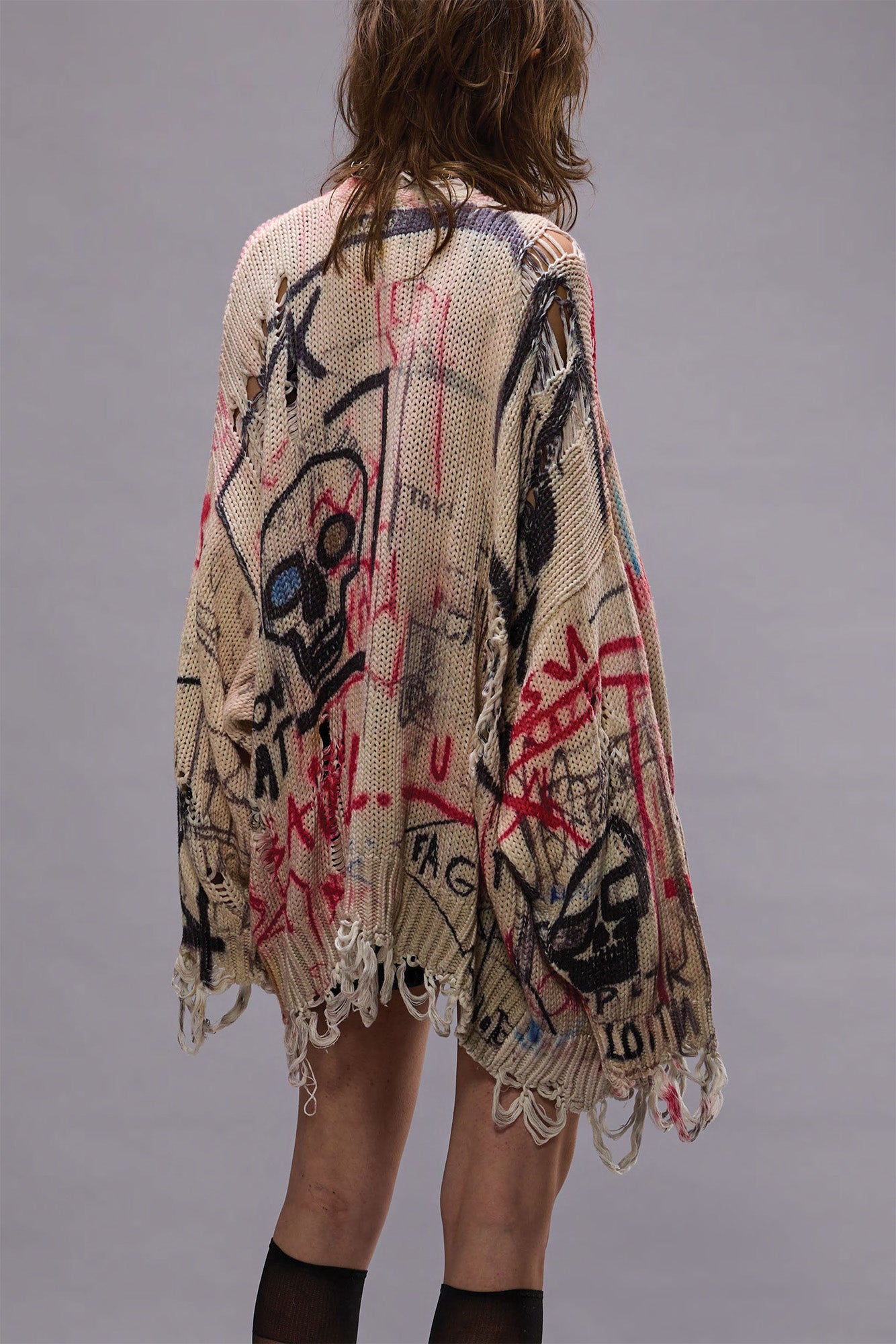 PRINTED OVERSIZED CARDIGAN - SKULL GRAFFITI PRINT