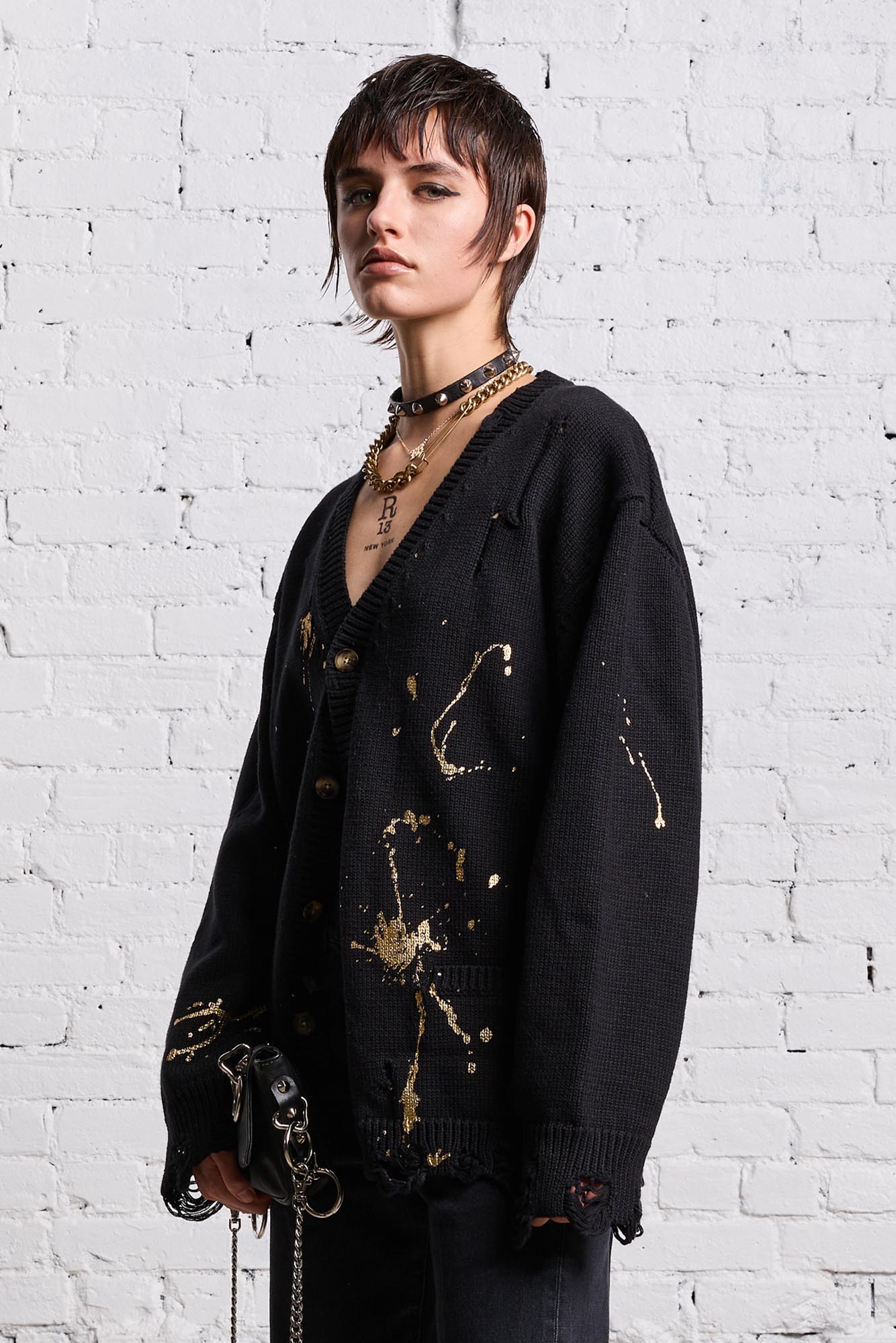 BOYFRIEND CARDIGAN - GOLD SPLATTERED BLACK
