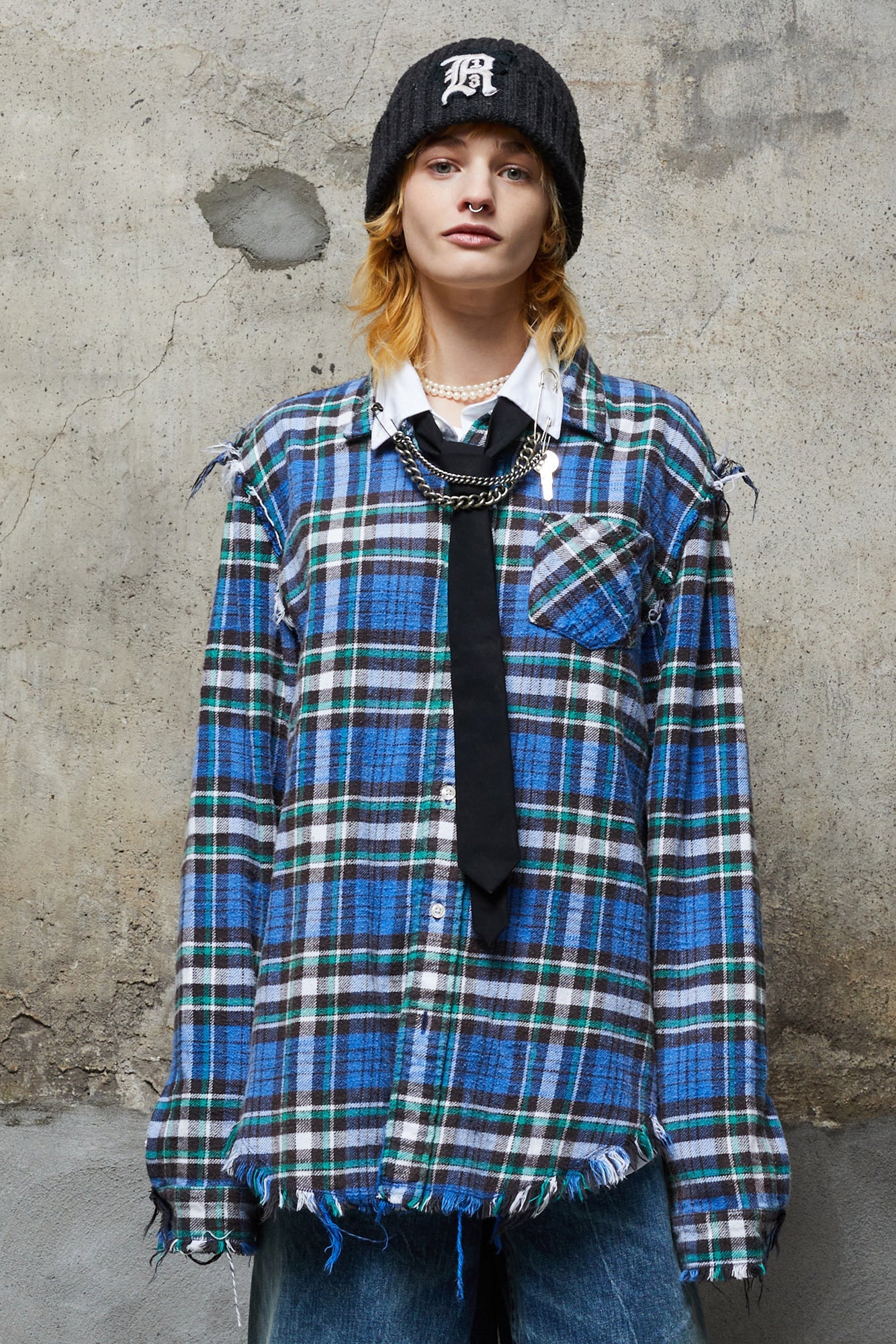 SHREDDED SEAM SHIRT - BLUE/GREEN PLAID
