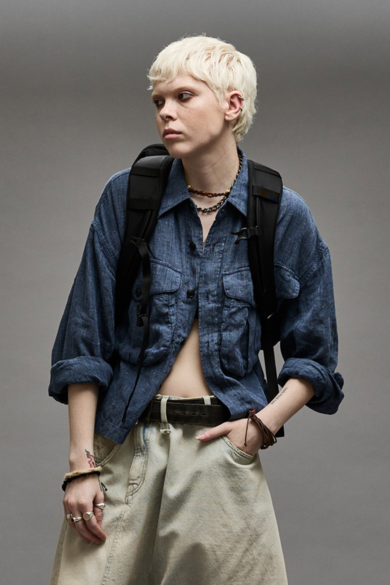 CROPPED BELLOW POCKET SHIRT - INDIGO BLUE