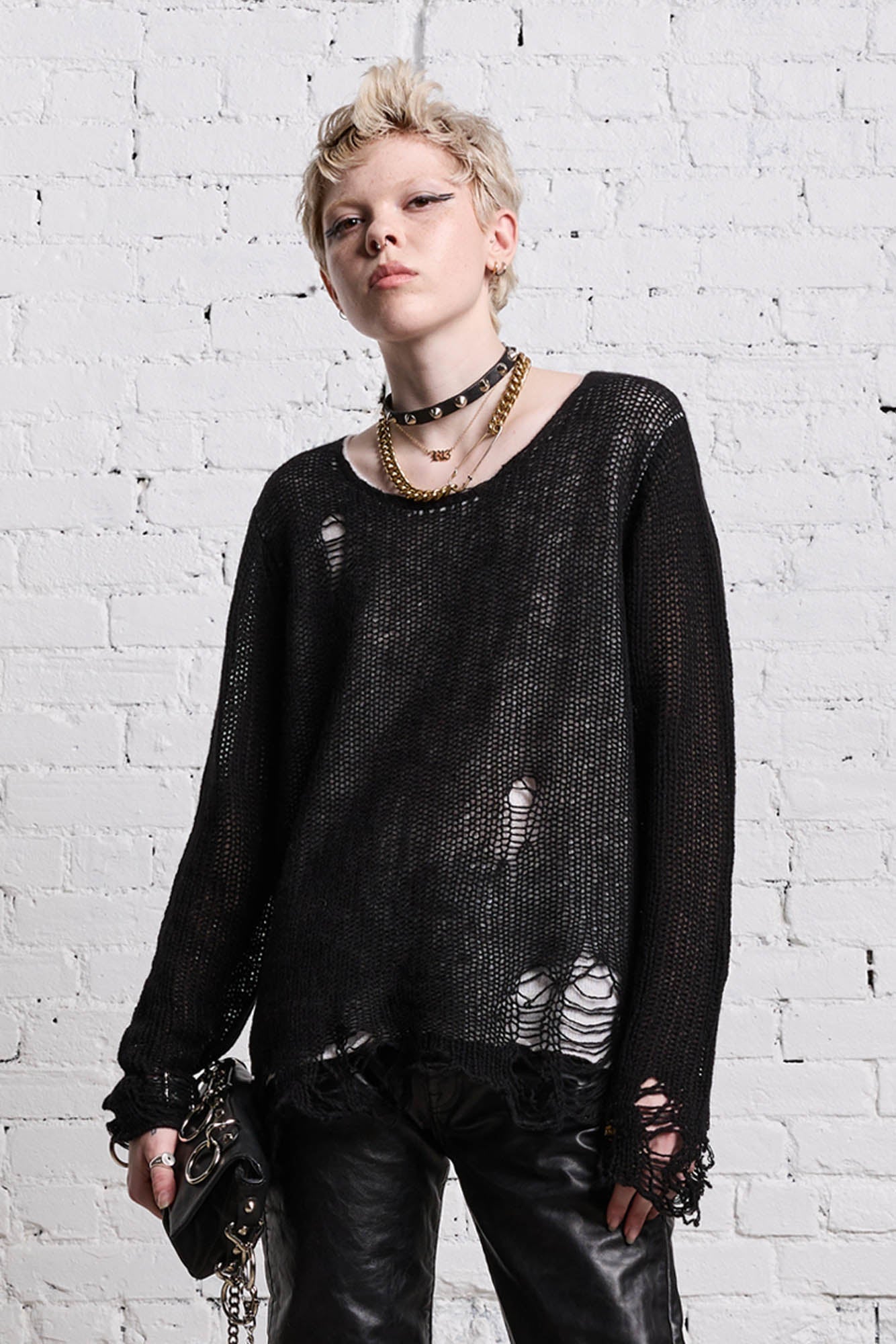 DOUBLE LAYER RELAXED SWEATER - BLACK AND ECRU