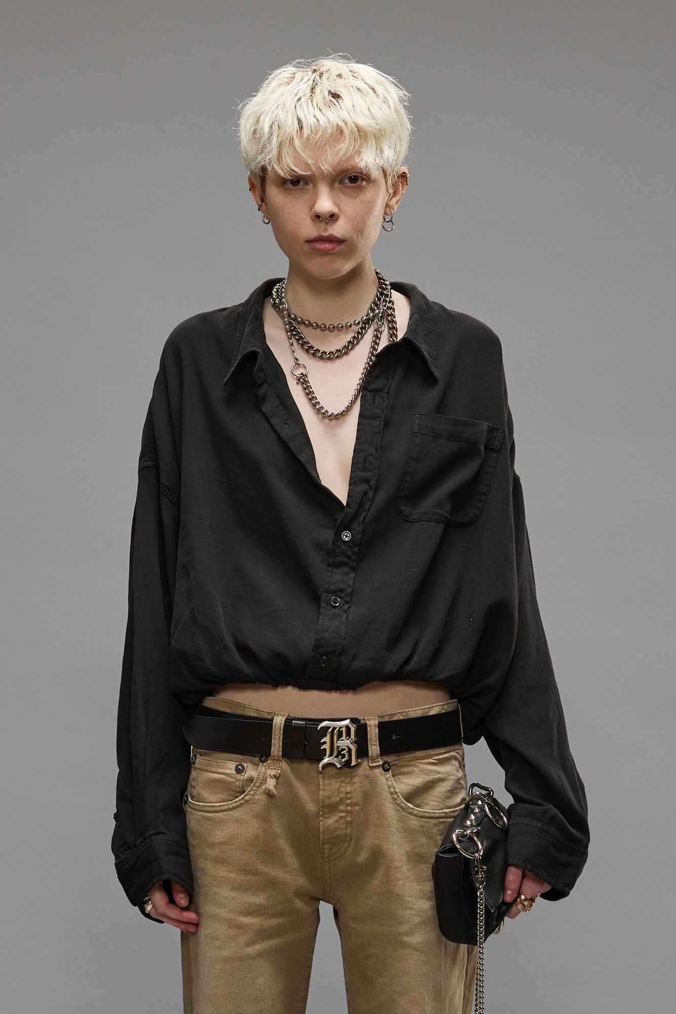 CROSSOVER BUBBLE SHIRT - BLACK OVERDYE
