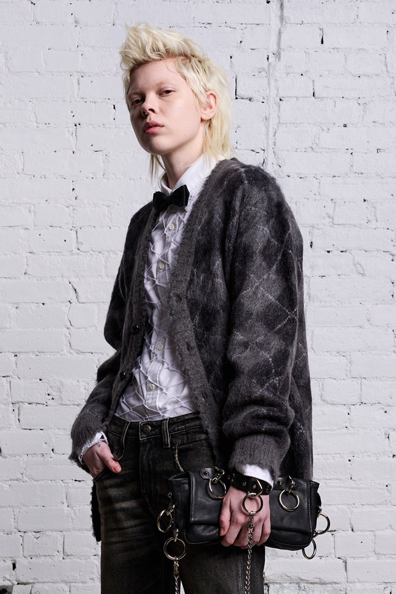 OVERSIZED DISTRESSED EDGE CARDIGAN - CHARCOAL/BLACK ARGYLE