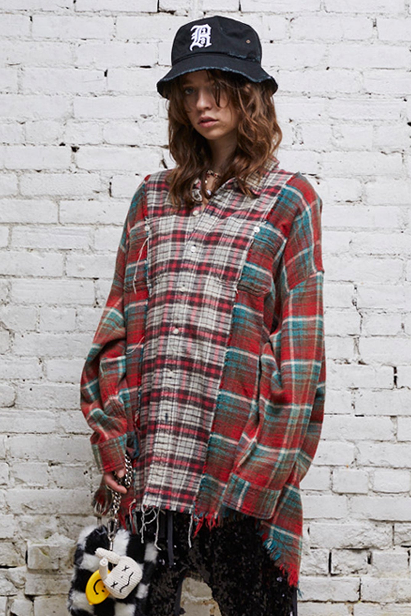 DROP NECK COMBO WORK SHIRT - GREY AND BLUE PLAID