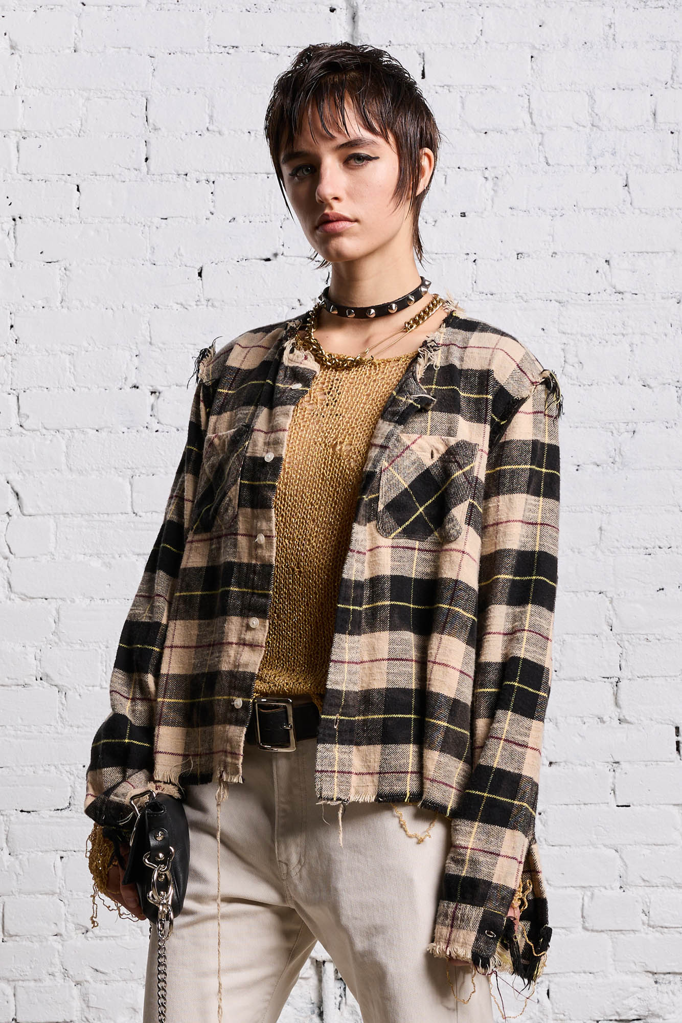 SHREDDED CREWNECK SHIRT - BLEACHED BEIGE PLAID