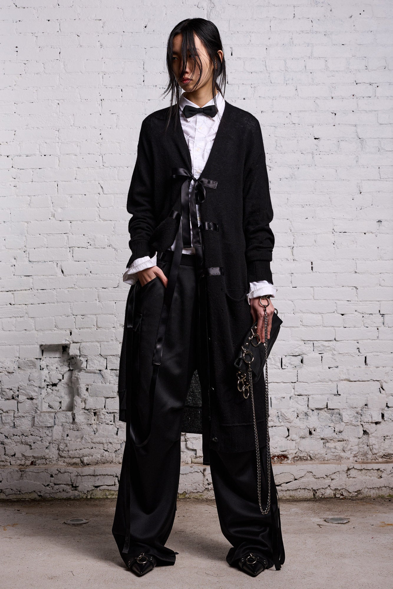 TAPE TIE LONG CARDIGAN - BLACK AND SATIN