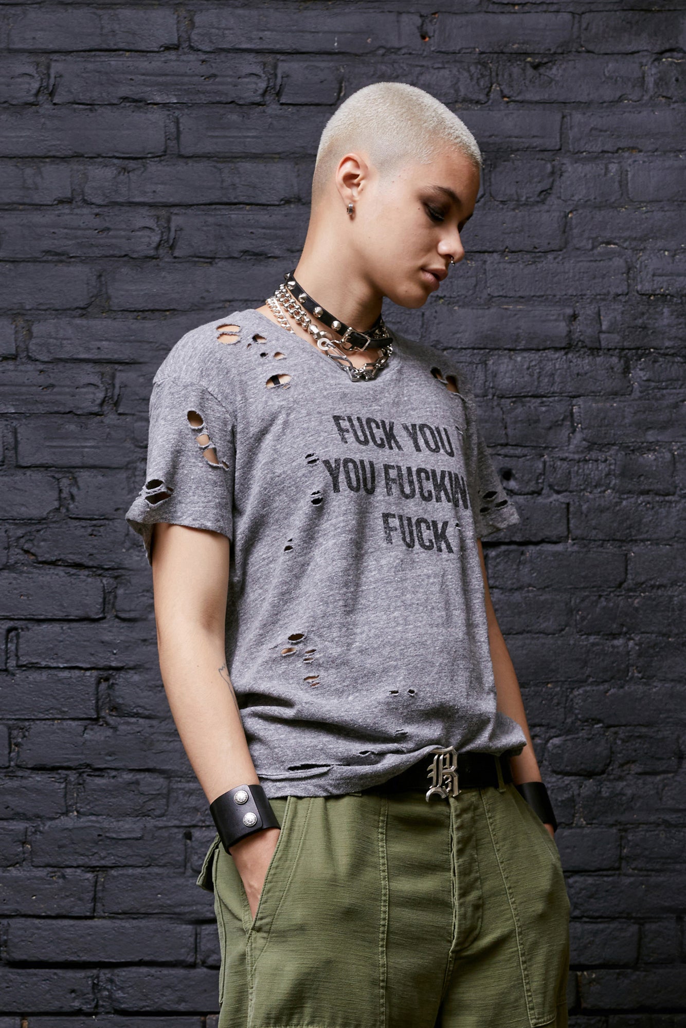 F.U. RIPPED BOY T - HEATHER GREY