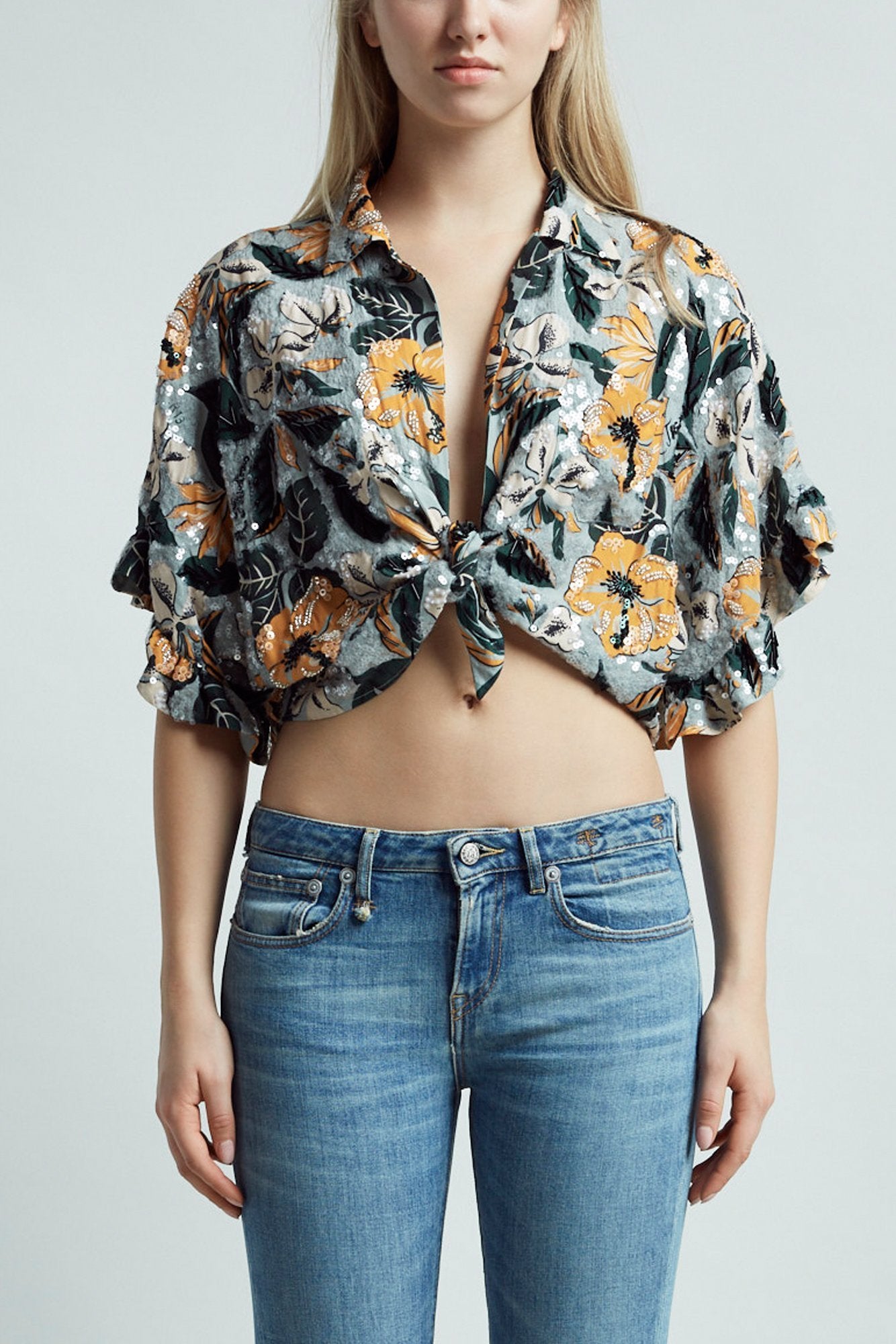 FRONT TIE HAWAIIAN SHIRT - BLUE FLORAL