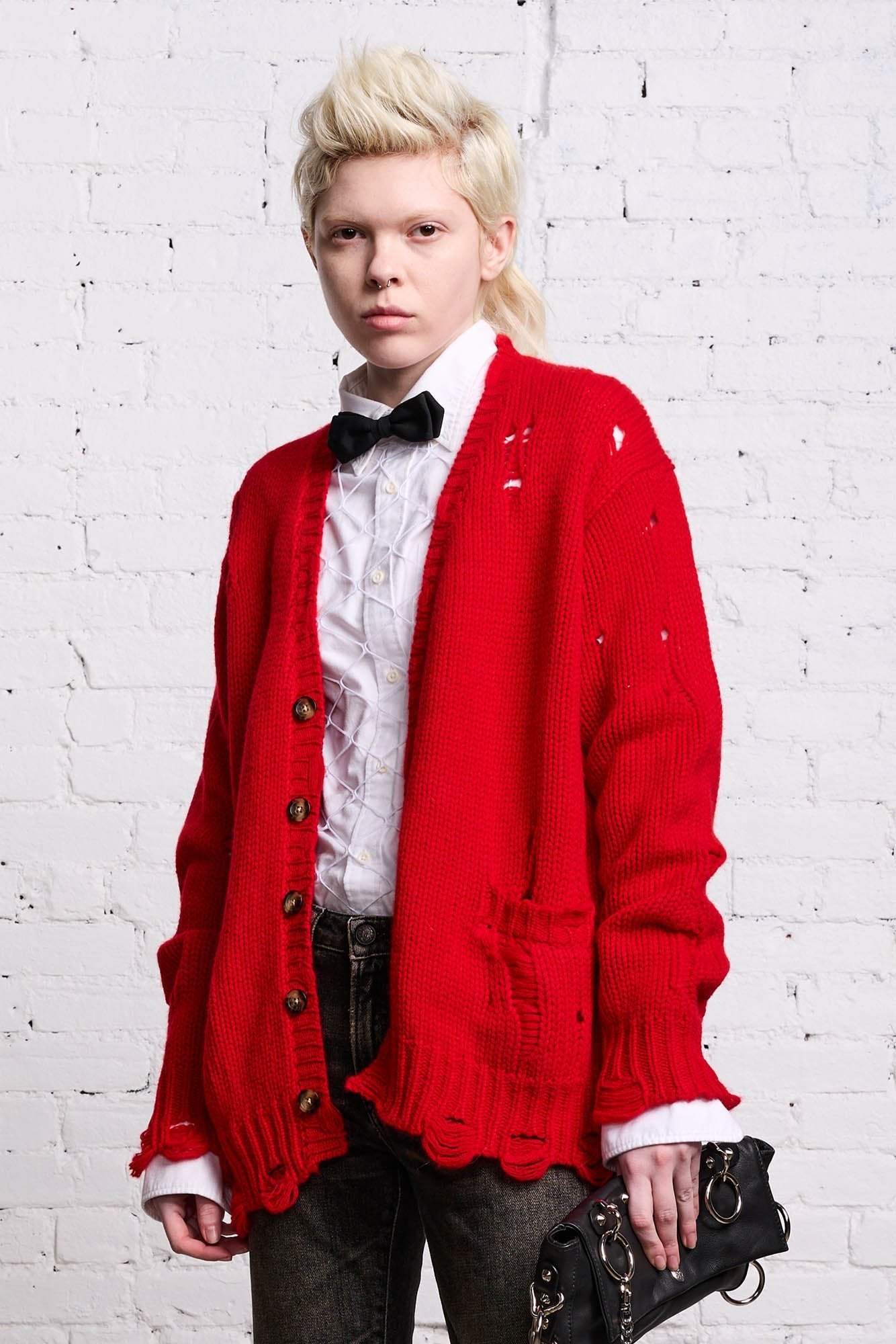 OVERSIZED DISTRESSED CARDIGAN - RED CASHMERE