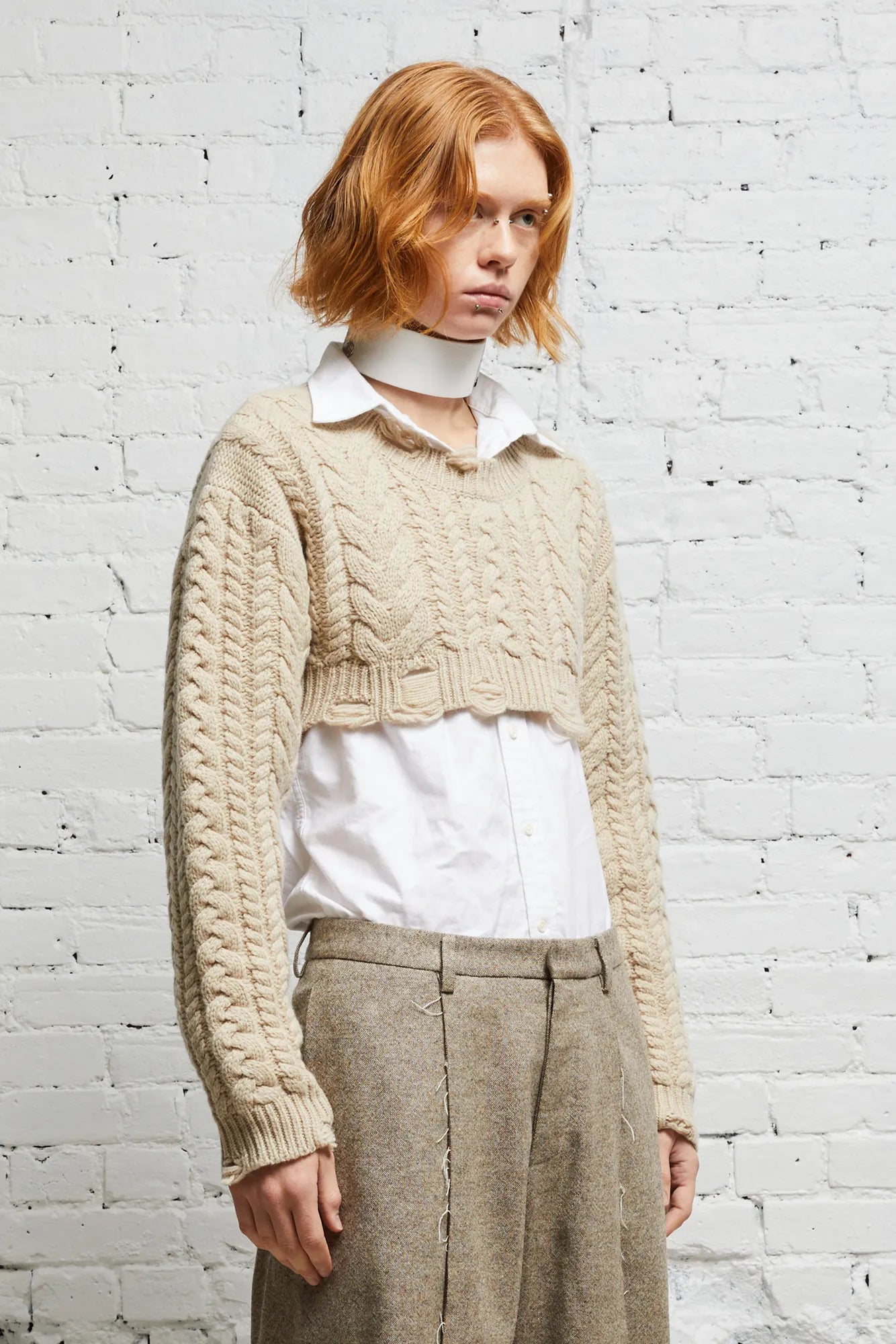 CROPPED CABLE SWEATER - OATMEAL
