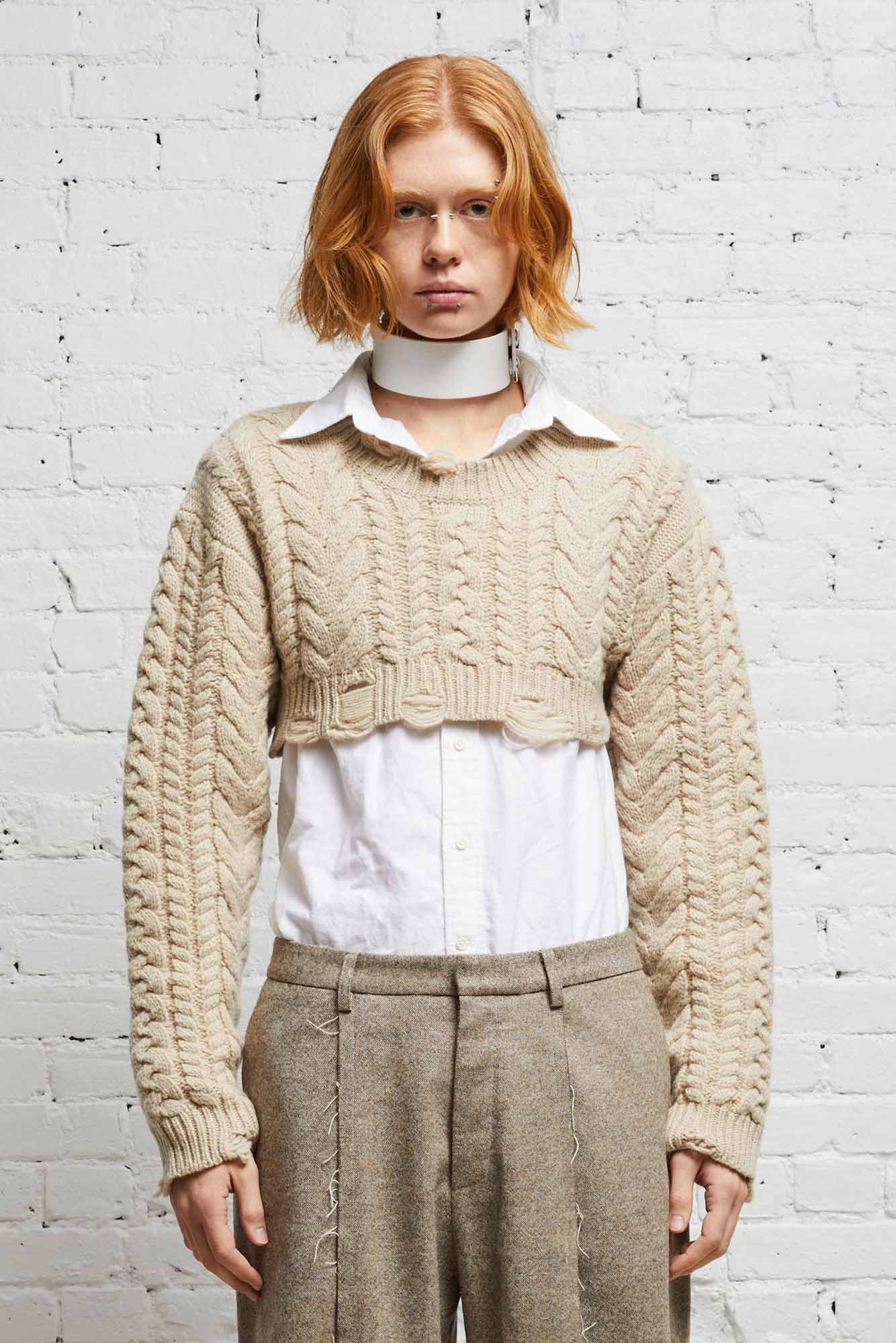 CROPPED CABLE SWEATER - OATMEAL