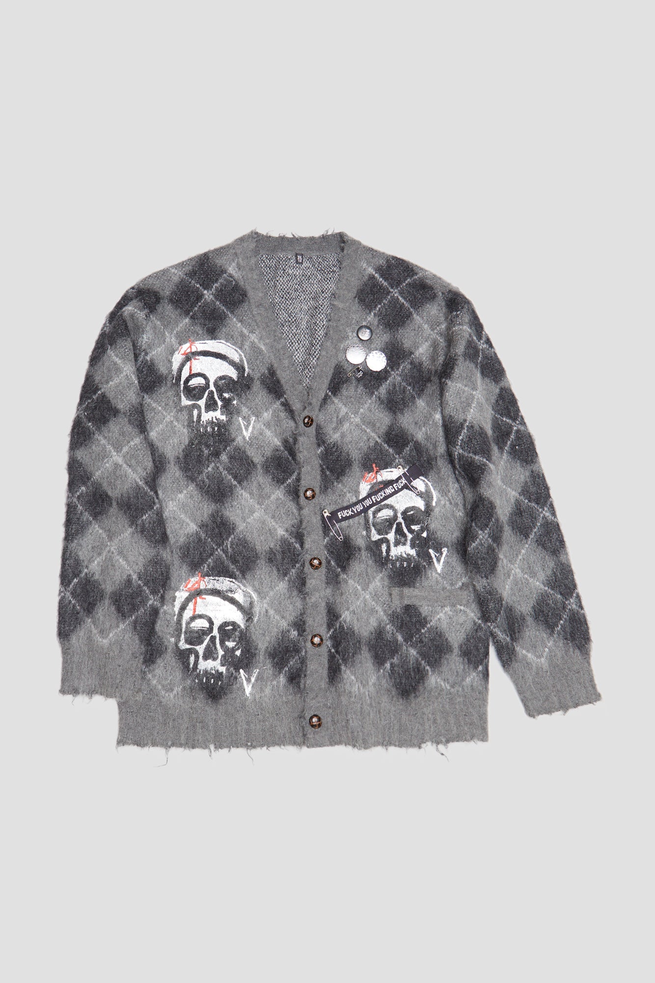 SKULL PRINT CARDIGAN - GREY/BLACK ARGYLE