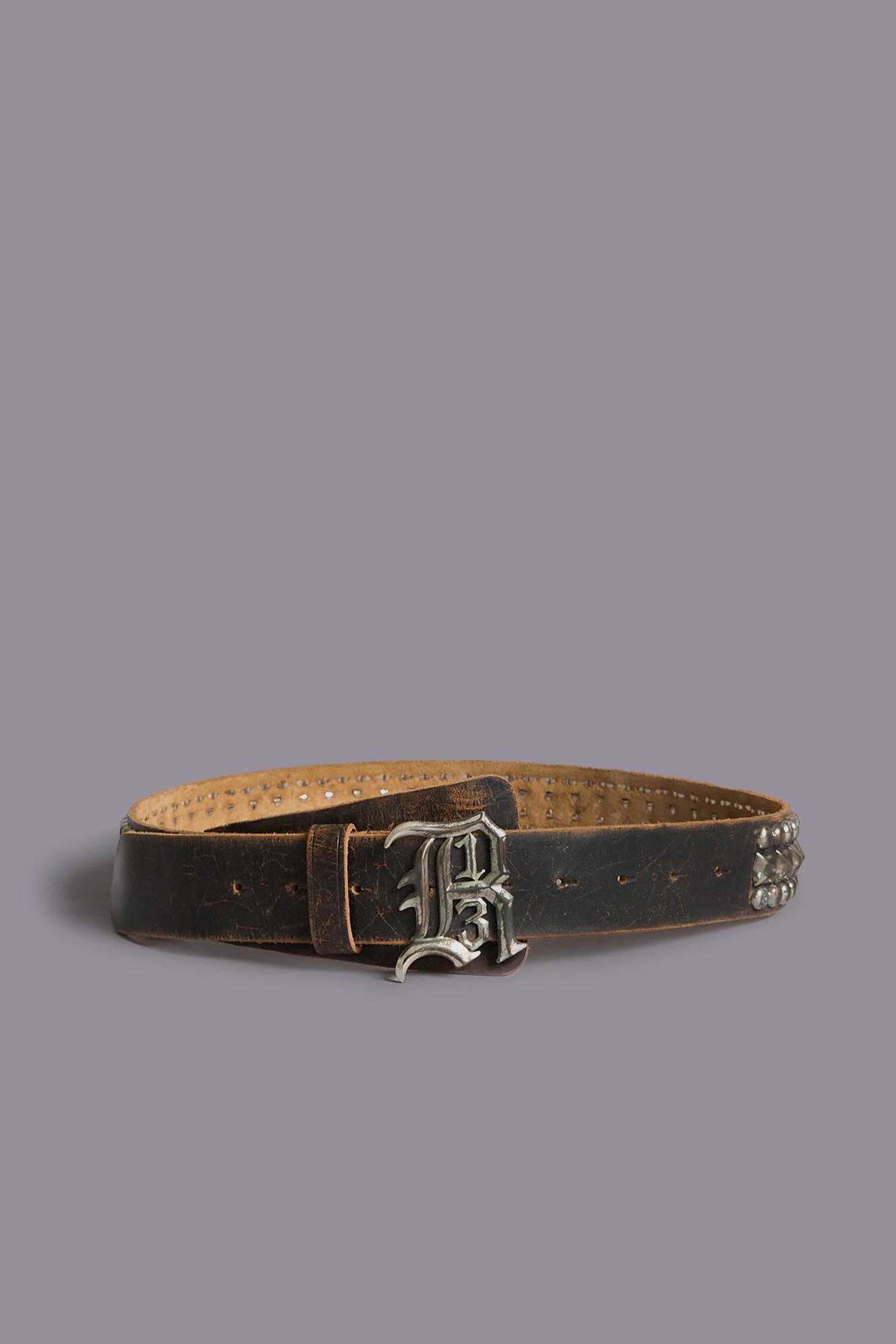 STUDDED R13 LOGO BUCKLE BELT - BROWN