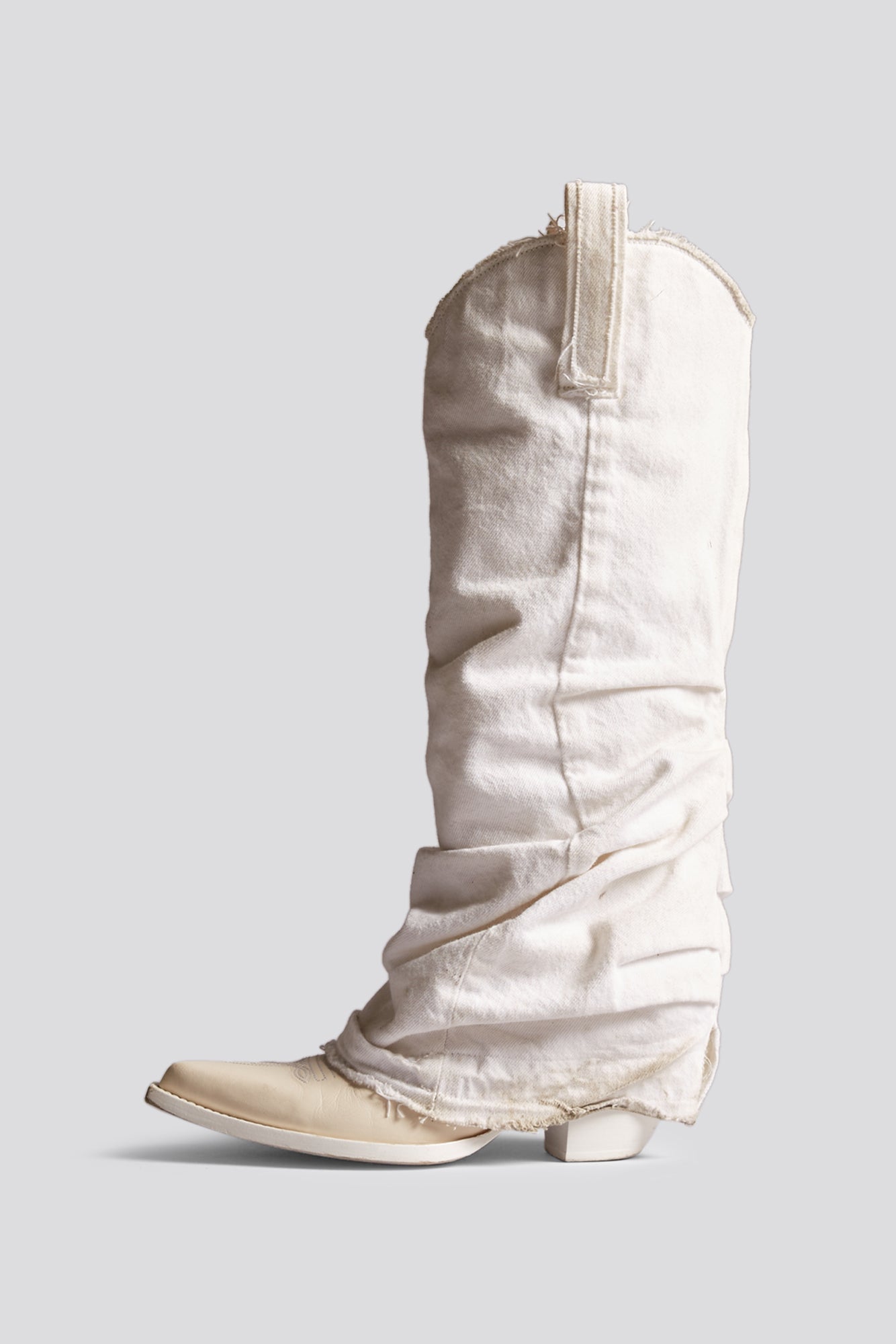 MID COWBOY BOOTS WITH DENIM SLEEVE - WHITE DENIM