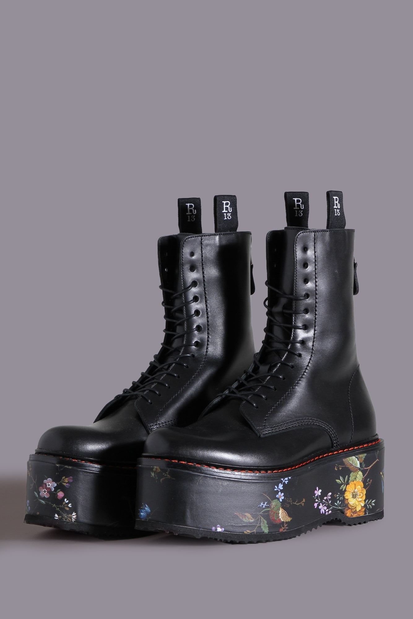 DOUBLE STACK BOOT - BLACK WITH FLORAL PLATFORM